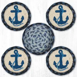 212 MAIN Printed Anchor Square Coasters - 4-Piece 5x5 in Hand-Stenciled Kitchenware Home Accessory, Includes Natural Jute Basket, Navy (Model 29-CB443NA)