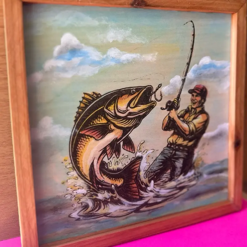 ‏ Fishing Man Wood Engraving Wall Art Handmade Painted Rustic Decor, 8”x8”