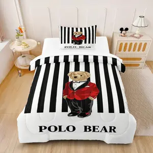 Polo Bear Preppy Striped Comforter Set, 2/3-Piece (1 Comforter + 1-2 Pillowcases) All-Season Soft Bedding Sets,  Stripe Design – Perfect Gift for Preppy Style Lovers & Kids