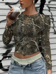 Vintage Street Withered Branch Camo Print Slim-Fit Short Sleeve T-Shirt, Knit, Casual Style All-Season Wear, Moderate Fabric Thickness, Streetwear, Tops, Womenswear, Women, Lady