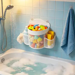 Bathroom Toy Storage Bag, Hanging Organizer, Waterproof Mesh Structure, Durable Suspension, 4 Adhesive Hooks, Ideal for Home, Travel, Hotel