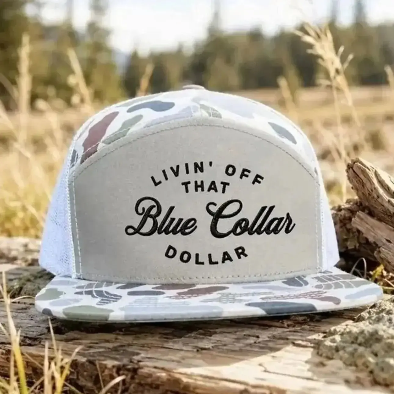 Blue Collar Trucker Hat, Livin' Off That Blue Collar Dollar Mesh Snapback, 7 Panel Flat Bill Camo Hat, Gift For Men