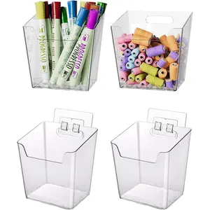 Clear Adhesive Wall Storage Bins, 4-Pack — Cabinet Door Organizers, Hanging Wall Mount Pockets for Shower/Bathroom/Makeup/Office/Craft/Kitchen/RV Organization (Small)