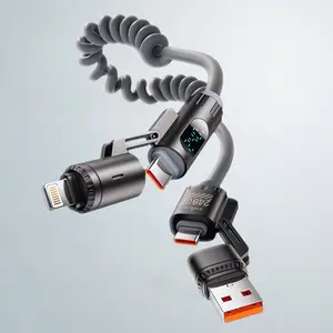 240W 4-in-1 Coiled Charging Data Cable With E-marker Chip | Universal Compatibility with Type-C, Lightning & USB | Fast Charging, Data Sync & CarPlay Compatibility, Tangle-Free, Durable Design