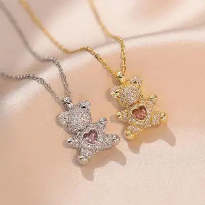 2PCS Cute Bear Necklace for Women, Heart Hug Bear with Pink Micro Zircon, Adjustable Chain Jewelry Gift