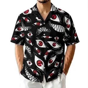 Hot Summer 2026 Men’s Black Red Evil Eye Monster Print Hawaiian Shirt, Horror Graphic Button Up Shirt