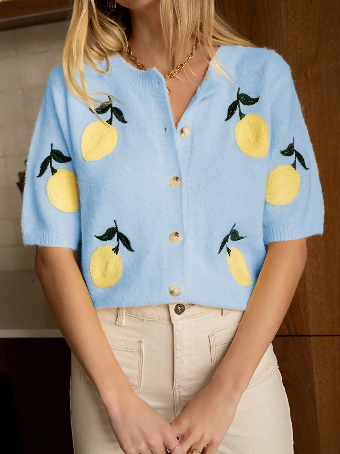 Women's Fashion Chic Lemon Embroidered Knit Cardigan, Knitwear, Collared Short Sleeve Single Button Design, Casual Summer Everyday Wear Sweater, Embroidery