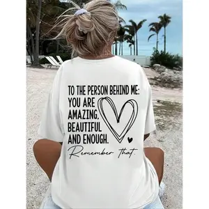 Women's Letter & Heart Print Half Sleeve Tee, Casual Style Drop Shoulder Round Neck T-shirt for Daily Wear, Graphic Tees, Women's Tops, Going Out Tops, Soft Summer Tops