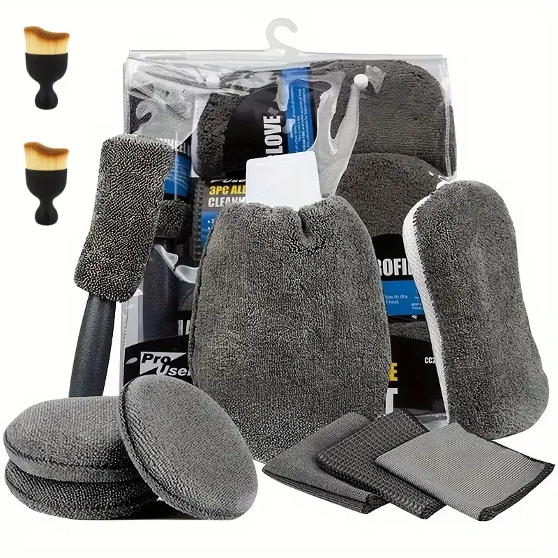 This Car Cleaning Set, Which Consists of 11 Items Including a Tire Brush, Microfiber Gloves, a Scratch Removal Pad, And Detail Sponges for Cleaning Both Inside And Outside