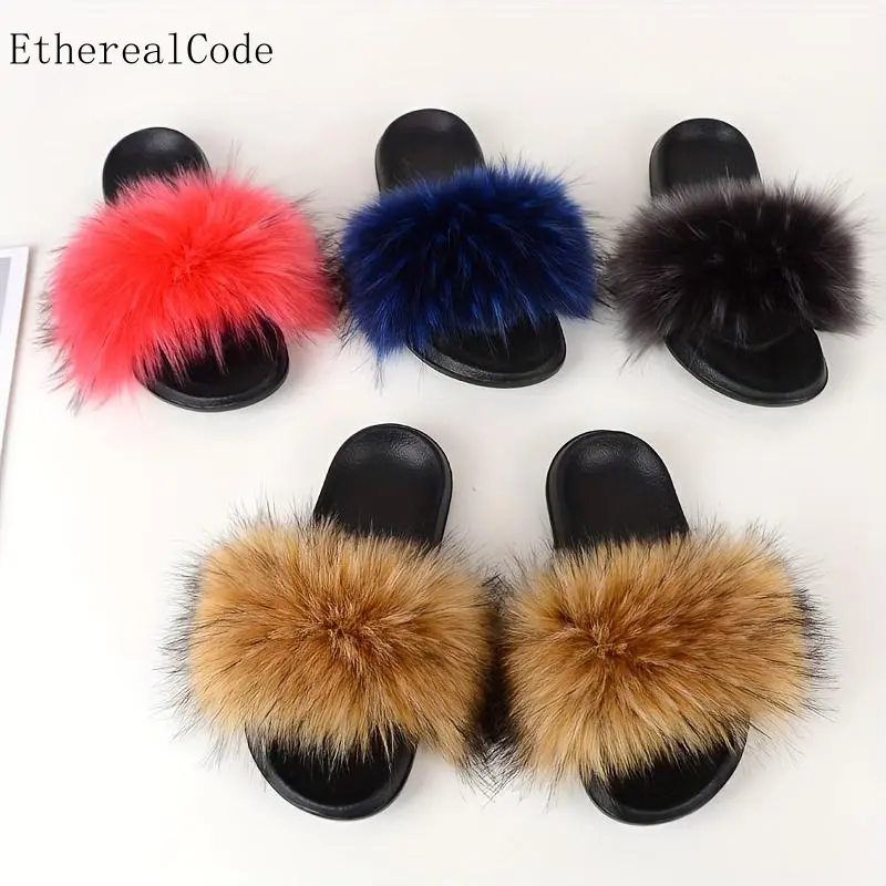 NewWomen's Faux Decor Flat Slippers, Open Toe Furry Fluffy Comfy Slides, Women's Indoor & Outdoor Shoes Footwear Girl