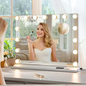 Hollywood Vanity Mirror with 15 LED Bulbs 3 Color Modes 10x Magnification USB Charging Dimmable Bulbs Ultra HD Glass Frameless Design White