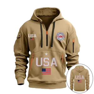 Men's Solid Color Zipper Pullover Hoodie Autumn Winter Casual Long-Sleeved Hooded Sweatshirt Polyester Loose-Fitting USA Flag Design