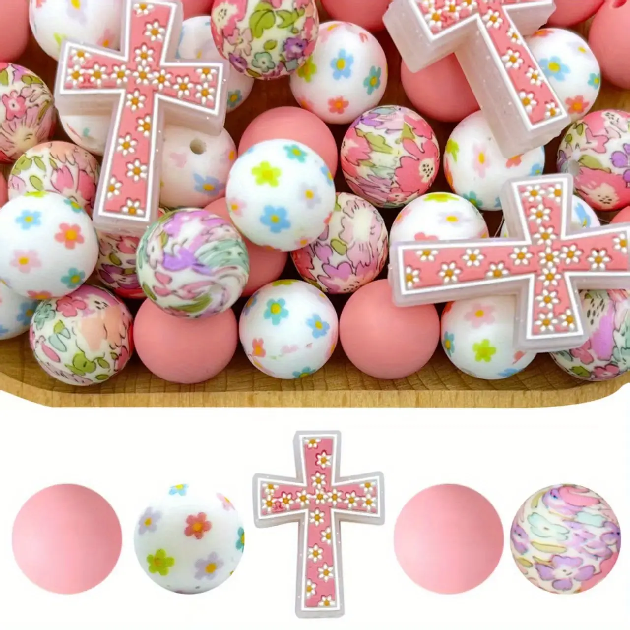 50 Silicone Christian Statement Beadwork & Bead Assortments, Red Cross-Pink Floral Design - Durable DIY Beading Supplies for Jewelry Making, Keychain Decorations - Shiny Craft Accents