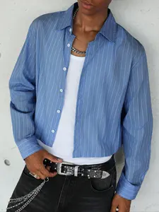 Blue Striped Long Sleeve Button Up Collared Shirt, Simple & Cool Design, Perfect for Casual or Light Business, Men's Fashion Top, Casual Stylish Menswear