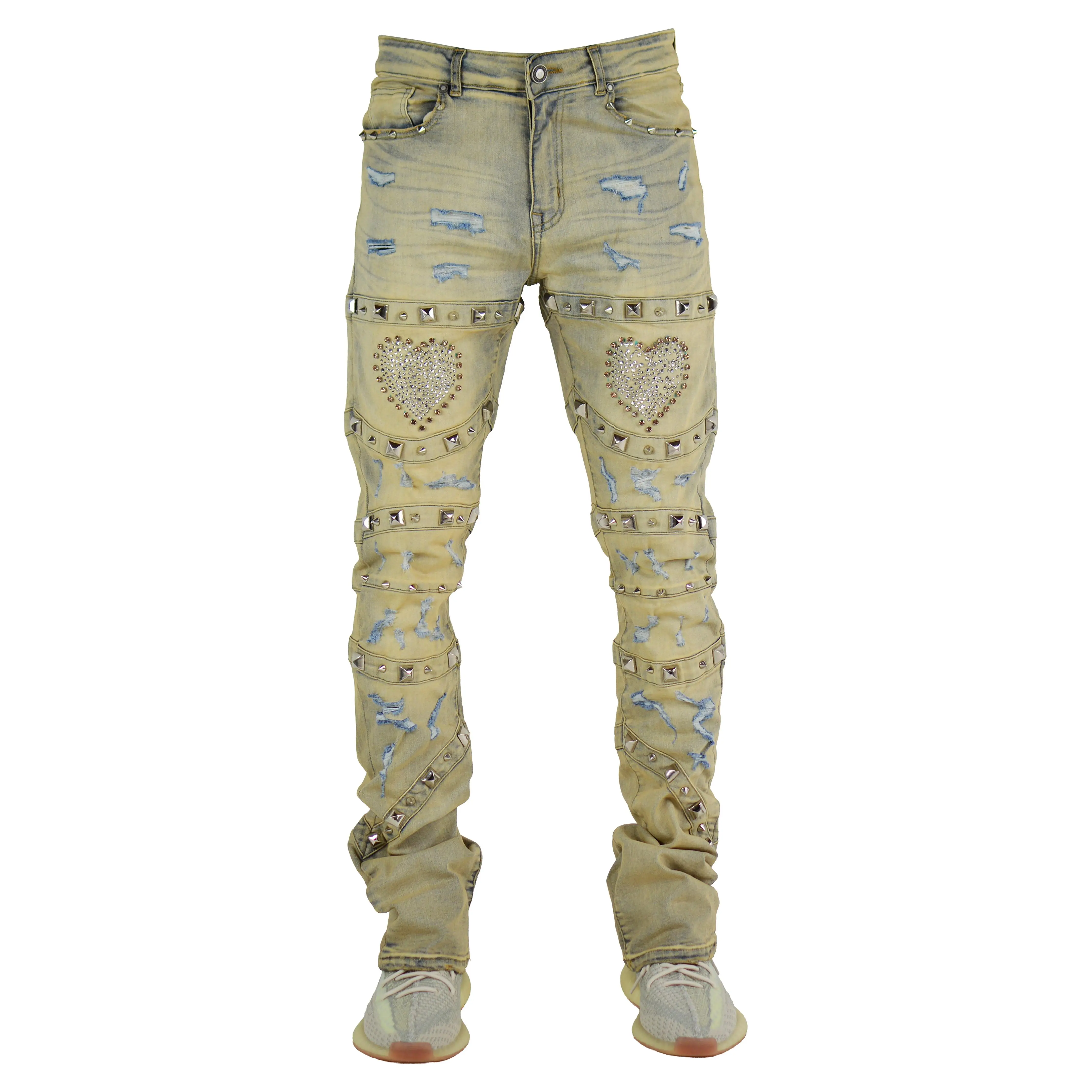 Men's Stacked Denim Jeans, Slim Tapered Fit with a Rhinestone Heart Motif and Stud Details, Vintage Wash Stretch Cotton Blend, Rhinestones, Punk Style