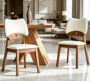 2 Walnut-Colored Solid Wood Dining Chairs, PU Soft-Padded Backrest and Seat Cushion, Hollowed-Out Design, for Home Dining Room Use