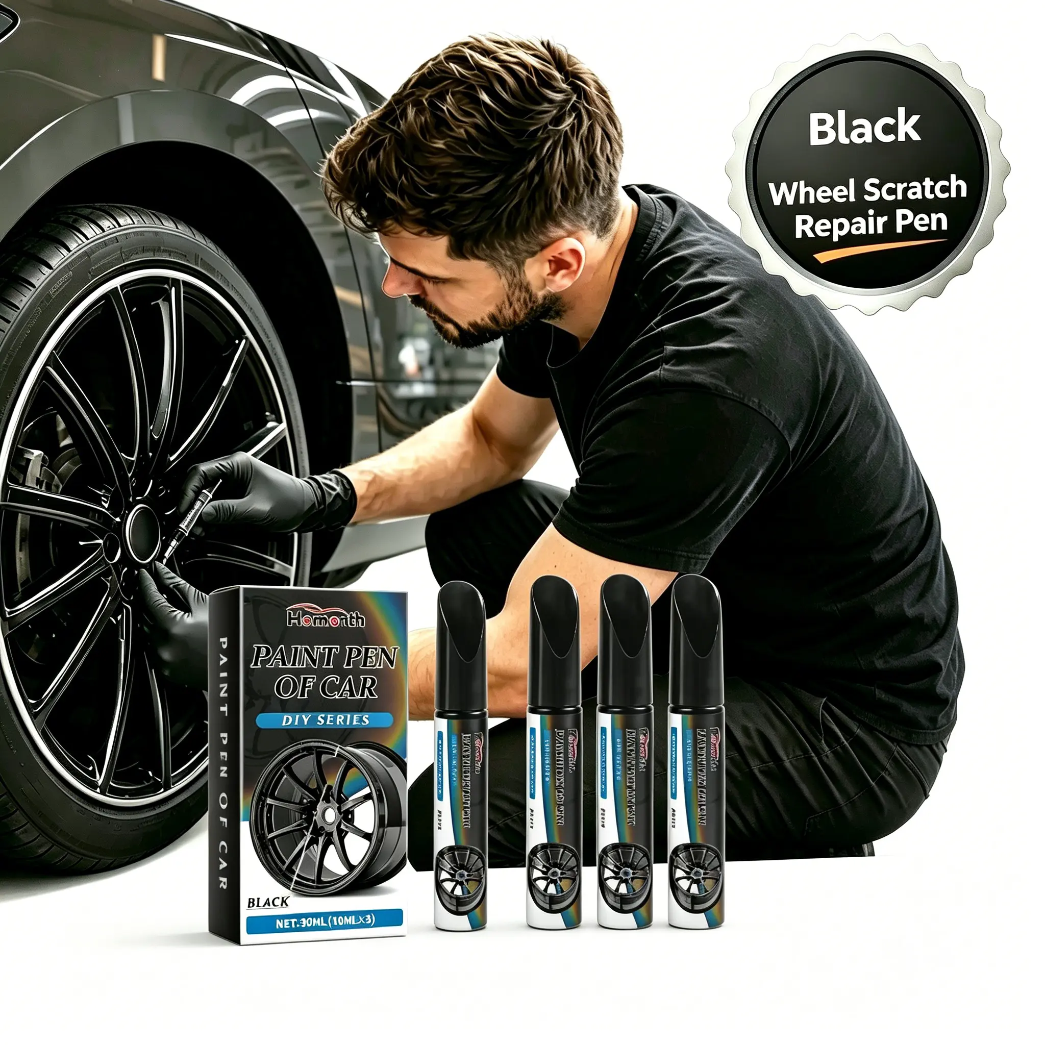 Gloss Black Car Paint Pen Wheel Scratch Fix Kit - DIY Alloy Wheel Repair Tool for Minor Repairs, Touch-Ups, Fast Drying Long-Lasting Car Rim Paint for Home Use, Auto Paint, Quick Drying