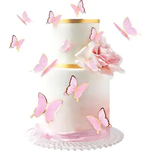 30Pcs 2D Waterproof Swallowtail Butterfly Cake Topper Transparent Pink Golden Butterflies Cupcake Toppers for Birthday Wedding Cake Decorations Wall Decorations Party Supplies
