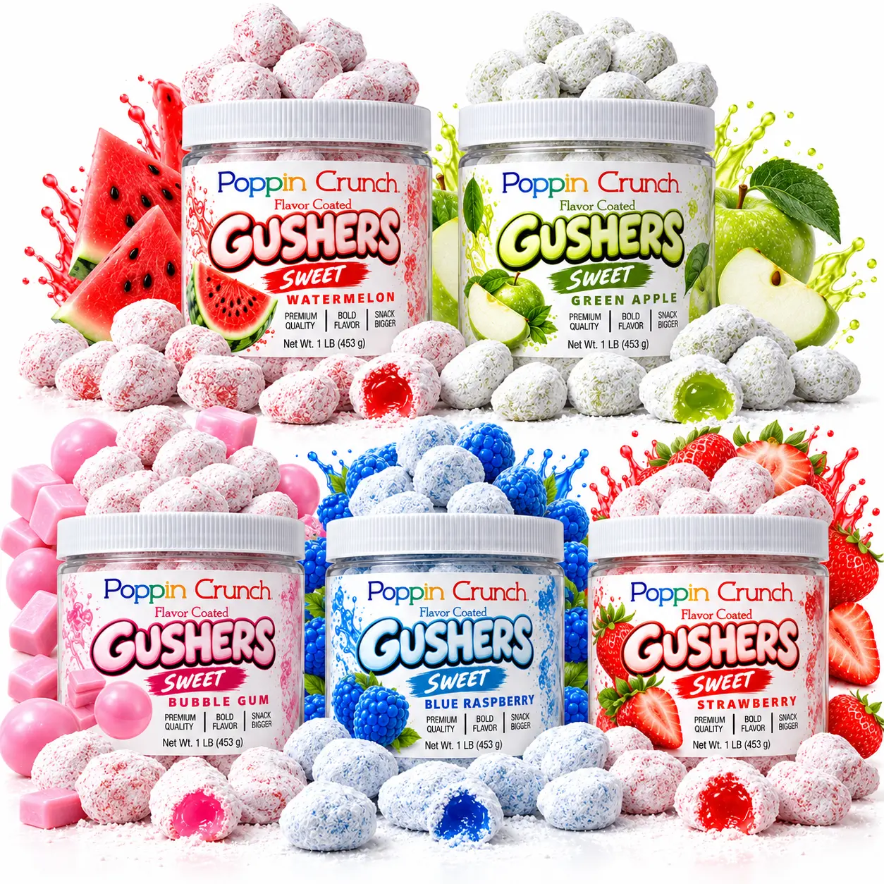 Poppin Crunch 1 LB Flavor-Coated Gushers – Intense Sweet & Sour Candy, Multiple Flavors