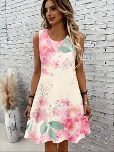 women's round neck sleeveless dress Pink Floral Watercolor Print Pattern print light and breathable fresh and sweet style leisure vacation, date outfit party clothing women's sleeveless floral