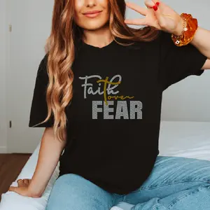 Faith over fear rhinestone black cotton shirt Womenswear