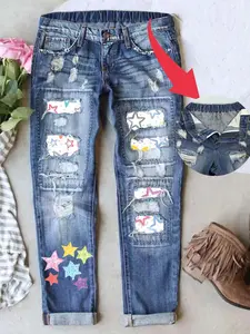 Women's Boyfriend Style Jeans Valentine's Day Distressed Hole Design Star Print Patchwork Loose Fit Elastic Waistband Breathable All Season