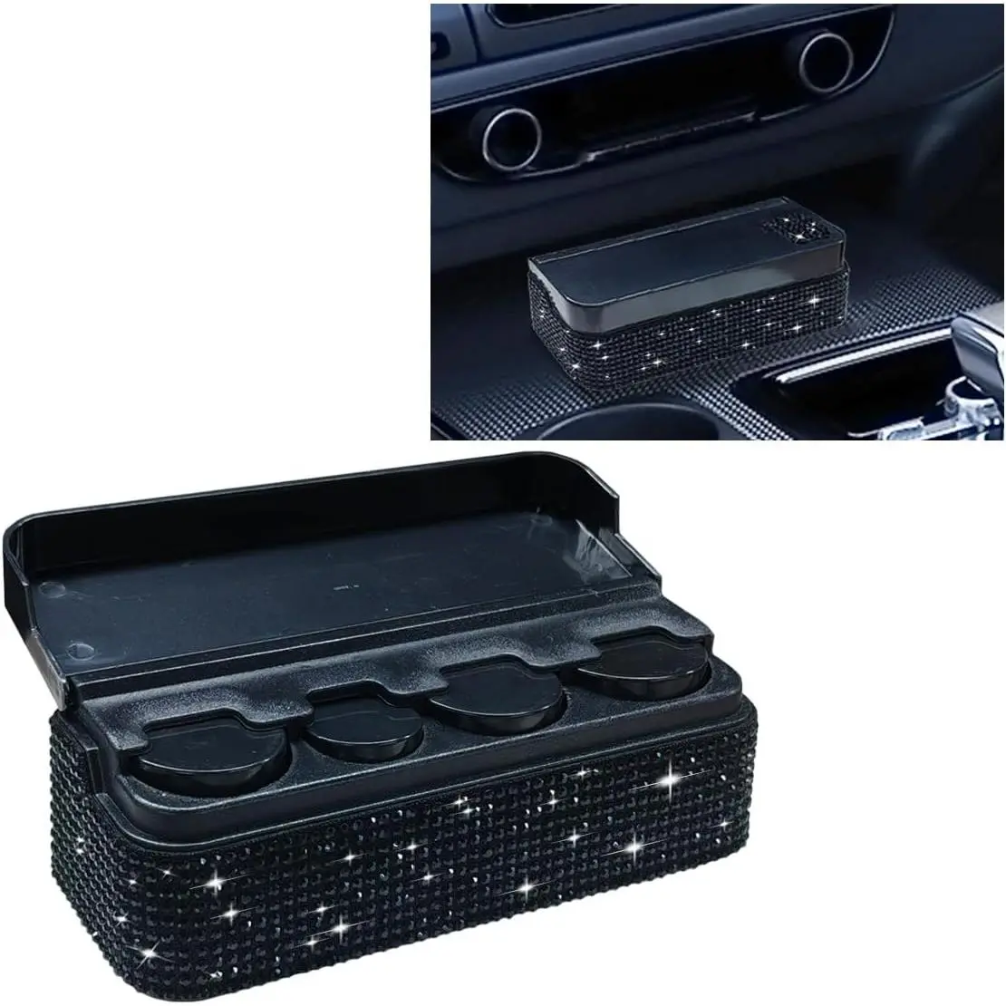 Bling Coin Holder for Car, Crystal Rhinestone Coin Storage Box Money Dispenser with 4 Compartment, Universal Car Coin Change Organizer for Most Cars, SUVs, Trucks (Black)