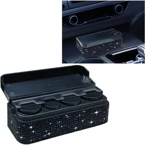 Bling Coin Holder for Car, Crystal Rhinestone Coin Storage Box Money Dispenser with 4 Compartment, Universal Car Coin Change Organizer for Most Cars, SUVs, Trucks (Black)