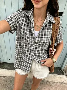 Women's Gingham Plaid Short Sleeve Button Down Shirt, Casual Loose Fit Collared Checkered Blouse, Womenswear 2026 TikTok Viral Aesthetic, Lightweight Summer Top for Beach, Festival, Streetwear & Everyday Wear, Trendy Preppy Style