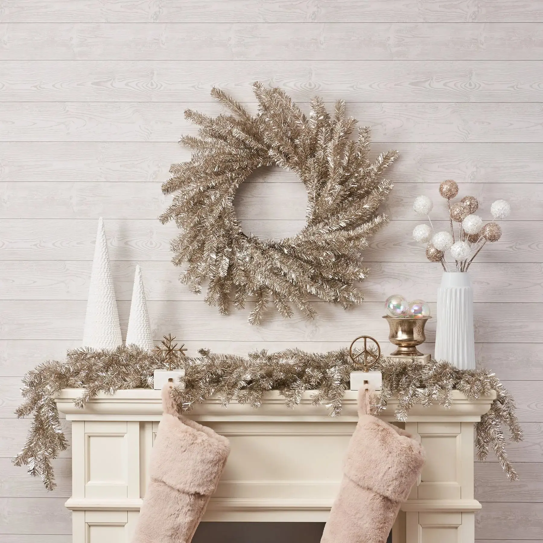 Handmade Metallic Silver & Gold Soft-Touch Tinsel Wreath - 30 in Holiday Garland, Festive Home Party New Year’s Decorative Wreaths, Garlands & Swags, Mantel Wall Decor, Gift Option, Round