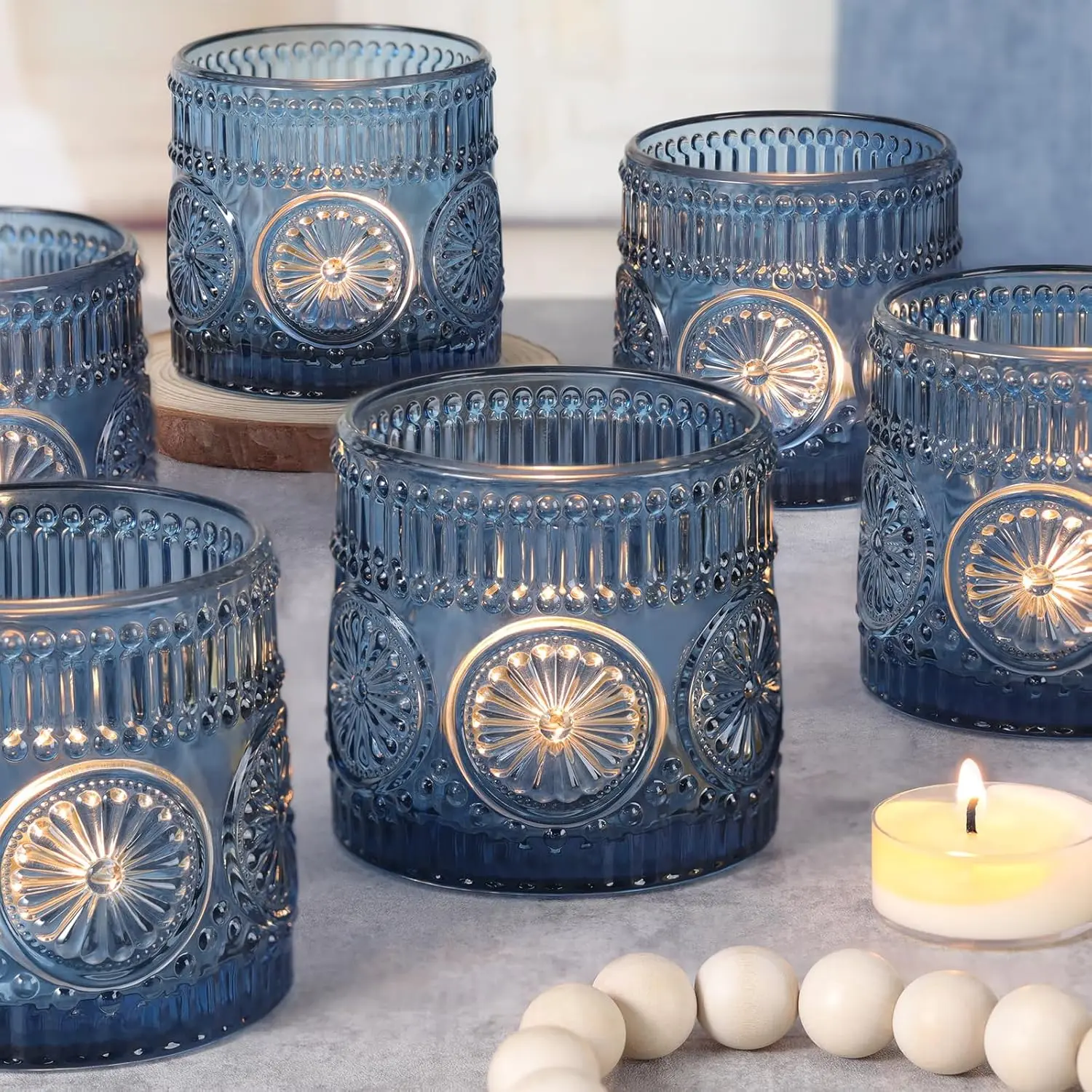 6-Count Large Blue Glass Votive Candle Holder Set - Retro Farmhouse Synthetic Tealight Holders for Wedding Table Centerpiece, Kitchen, Bathroom, Office Desk Home Decor, Floating Shelves