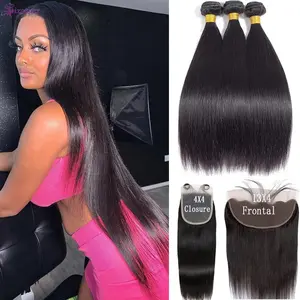 Straight Human Hair Bundles with Frontal Closure 100% Virgin Hair 3 Bundles with 13x4 Lace Frontal Bundles with 4x4 Lace Closure