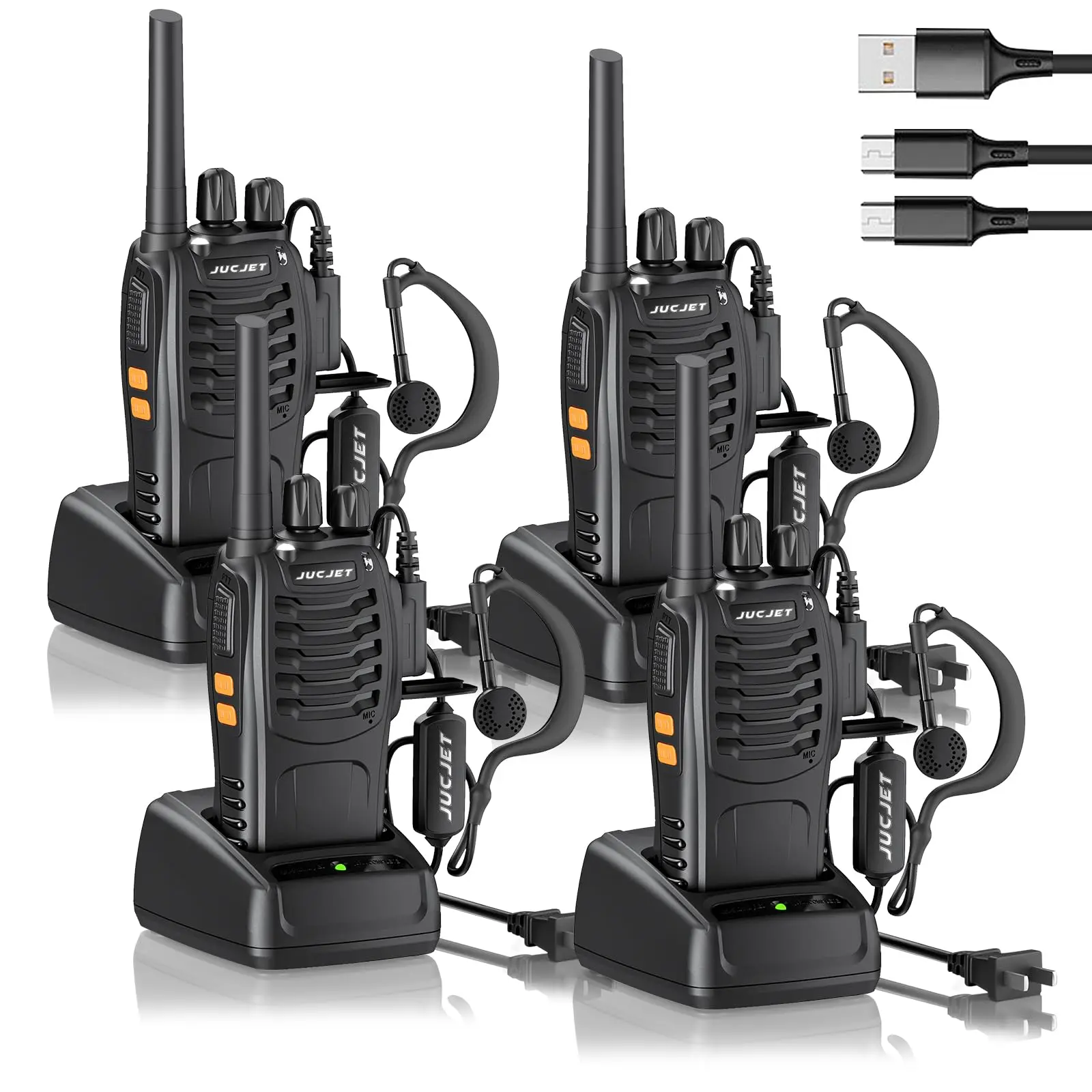 H888S （4 Pack） Walkie Talkies Handheld Two Way Radio with Original Earpieces, 2-Way Radios UHF Handheld Transceiver Walky Talky, with 2-in-1 Type-C Charging Cable&Charging Station（4 Pack） Button Usb, Rechargeable