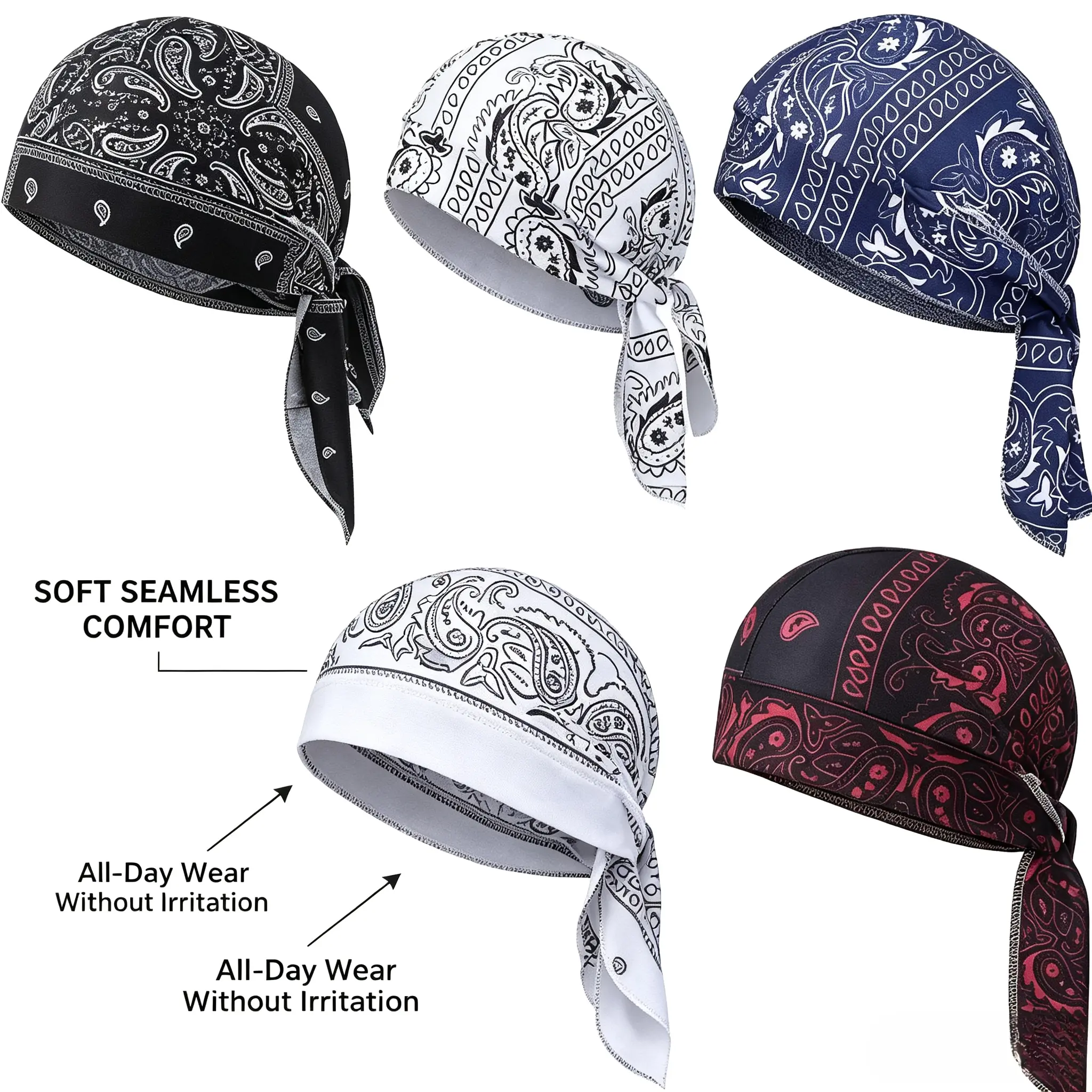 5-piece tropical cooling headscarf set - bicycle hip-hop street dance printed headscarf headwear, elastic fit, adjustable lace up headscarf | breathable cycling skull cap and helmet lining | neutral pirate style sports headwear for summer atmosphere