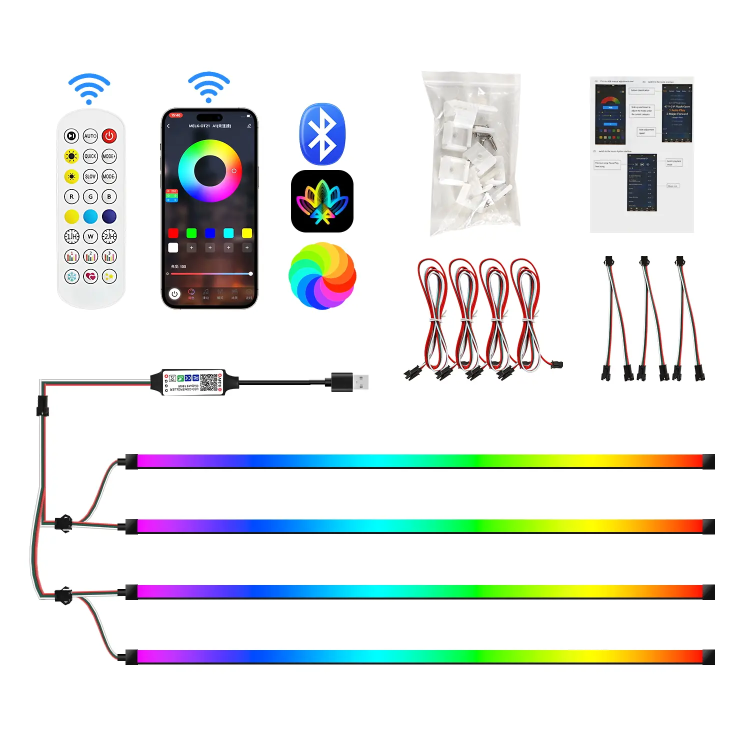 4-Pack Dimmable RGB LED Light Bars, 39.37-Inch USB Powered Color Changing Kit with Music Sync, App & Remote Control for Camping, Patio & RV, Led Lights，For Halloween Party