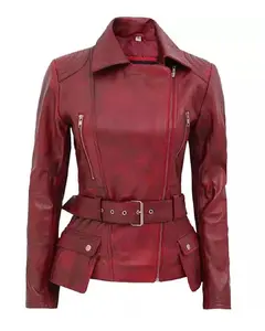 MotorCycleJackets Women’s Maroon Belted Moto Leather Jacket