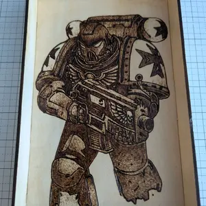 Pyrography Artwork of a Black Templar Space Marine from Warhammer 40k on a Laser Cut Dice Tray Detailed Design