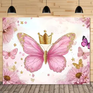 1pc 2D Flat Pink Butterfly Crown Princess Party Backdrop, Polyester Fabric, Machine Washable, No Electricity Needed, Multiple for Indoor Celebrations and Festive Events Banners White