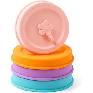 Mason Jar , Regular and Wide Mouth Compatible, with Straw Hole and Stopper (bright color 4 count)