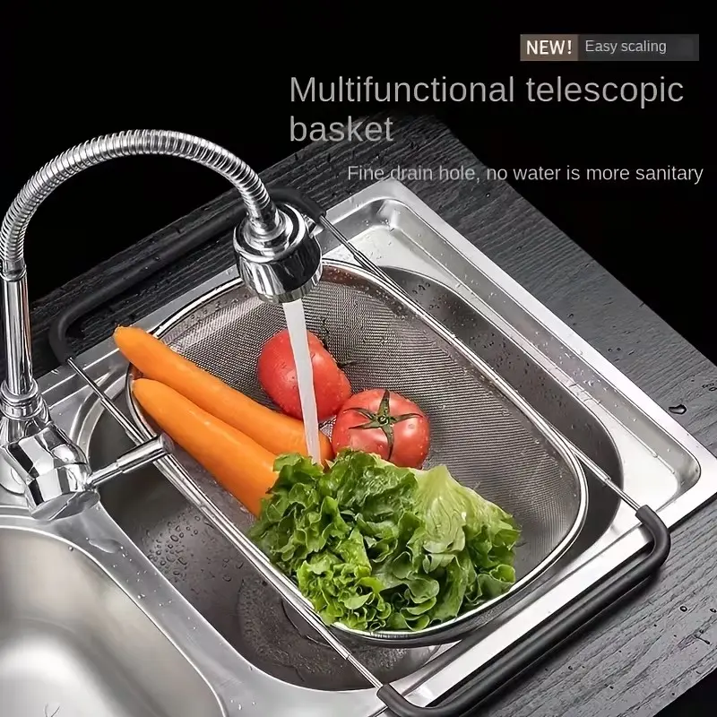 Adjustable Over the Sink Drain Basket, Fine Mesh Strainer with Handle, Kitchen Colander, Multifunctional Kitchen Organizer Tool, Kitchen Strainer Utensils, Stainless Steel, Kitchen Gadgets