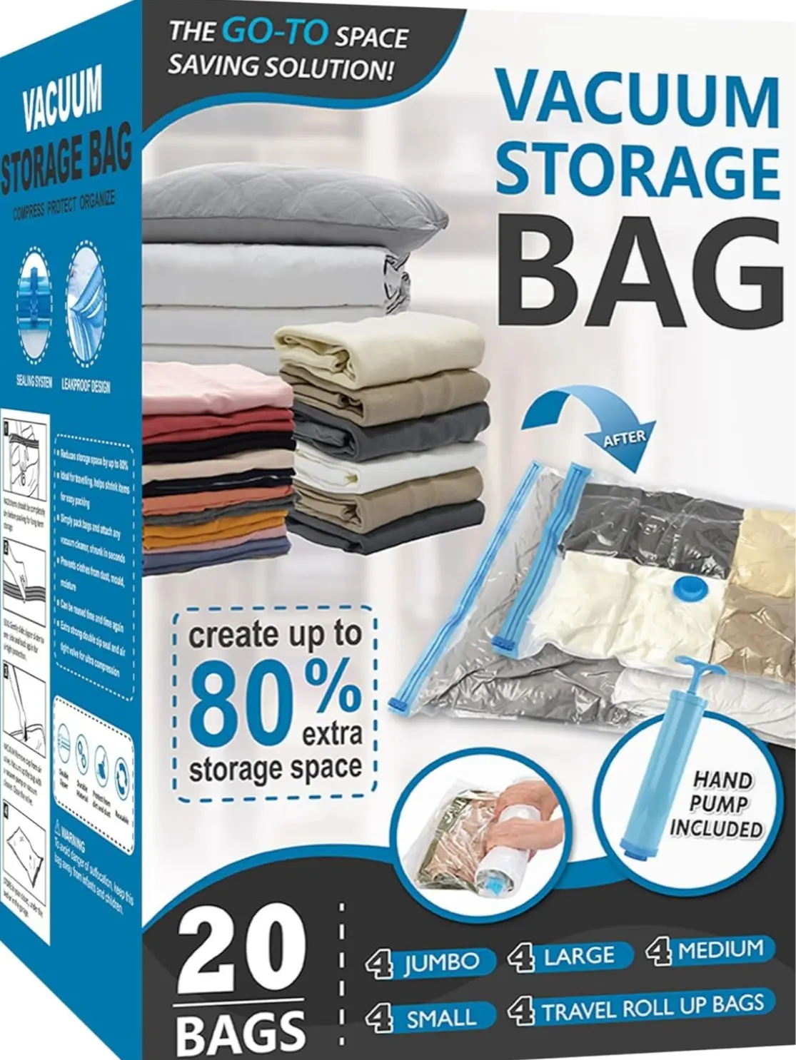 Vacuum Storage Bags, 80% Compression Vacuum Seal Space Saver Plastic Packaging Bags for Clothes, Blankets, Pillow, Bedding, Comforters, Sealer Clothing Storage,20 Combo