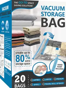 Vacuum Storage Bags, 80% Compression Vacuum Seal Space Saver Plastic Packaging Bags for Clothes, Blankets, Pillow, Bedding, Comforters, Sealer Clothing Storage,20 Combo