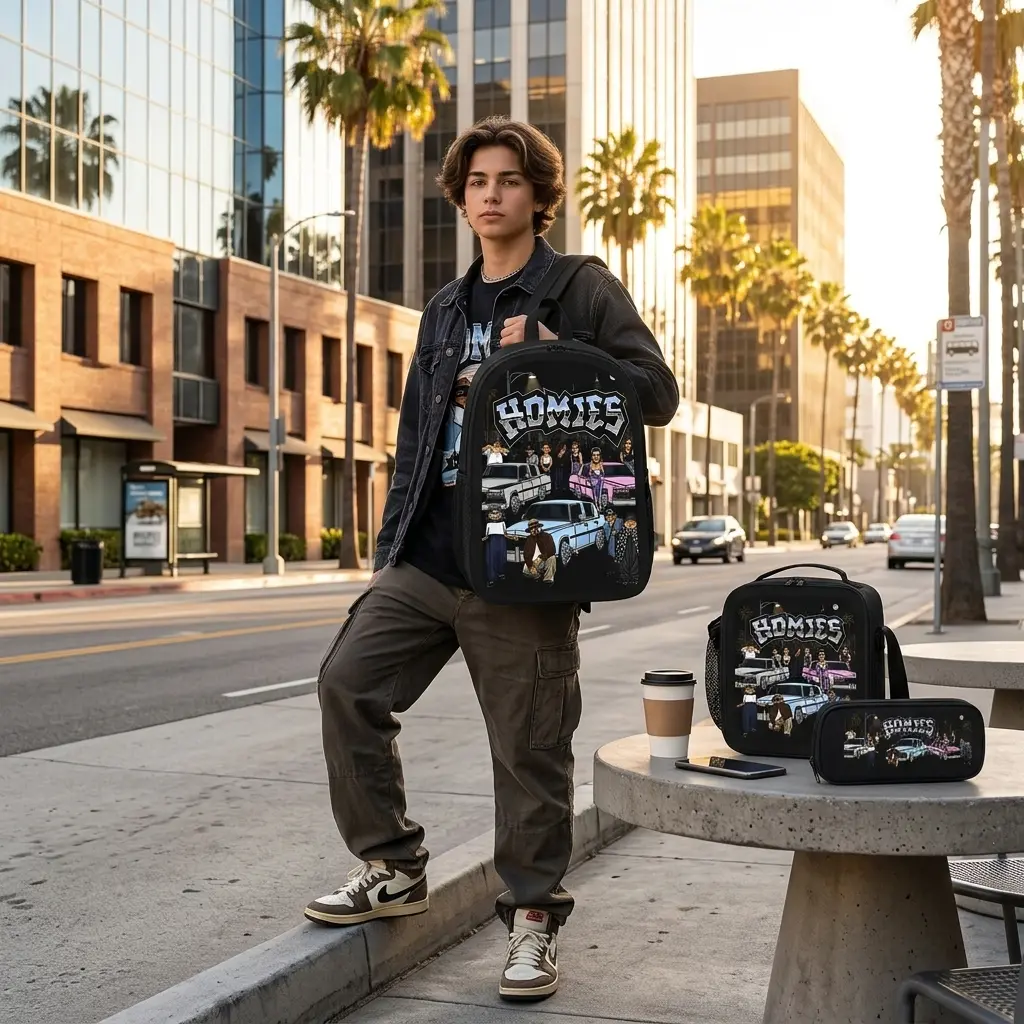 HOMIES 3 Piece Backpack Set Polyester Backpack Lunch Bag Pencil Case Large Capacity Lightweight Breathable Urban Street Style Lowrider Car Graphic Cartoon Bookbag Back To School Travel Daily Use For Kids Boys Girls Teens Students backpack