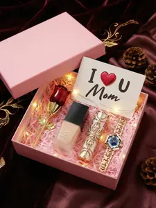 6-piece set for women: Rose Gold Steel Band Hexagonal Blue Bright Vibrant Compact Elegance Mother's Day Gift Set with Rose Perfume Lipstick Liquid Foundation Thank-you Card Light Strip Quartz Watch Combo