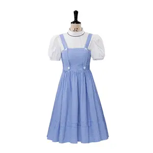 Movie Farm Girl Cosplay Costume Women's Blue Plaid Dress Suit Fairytale Dress Adult Halloween Outfit
