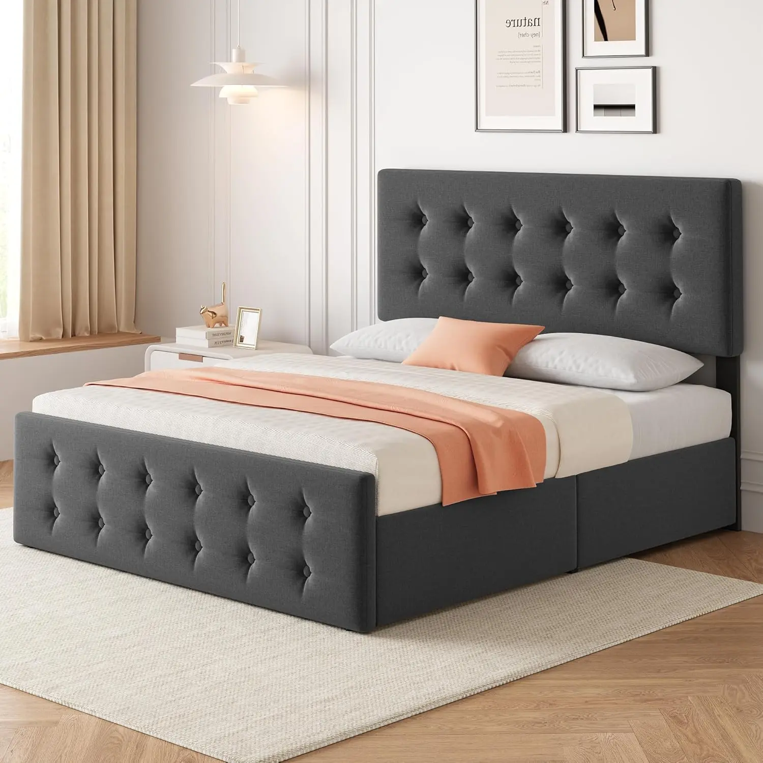 Gaomon 【Christmas Gift】Dark Gray Full Size Upholstered Adjustable Height-Adjustable Platform Bed Frame, 4 Storage Drawers, Button Tufted Headboard, Sturdy Wooden Slats Support, No Box Spring Needed, Easy Assembly, Adjustable Bed Frame, Height-Adjustable B