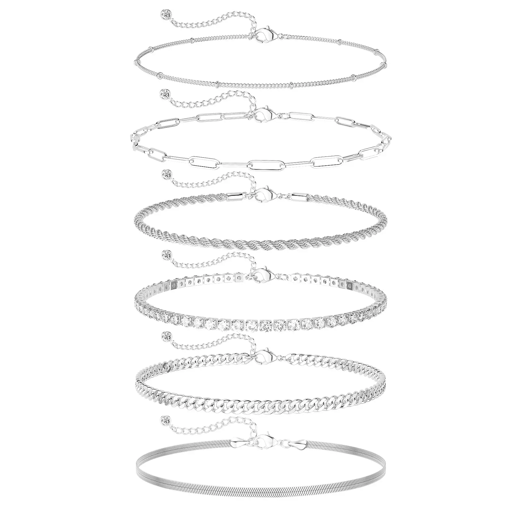 Tewiky 14K Gold/Silver Plated Silver Six-Layer Anklet with Satellite Chain Paperclip Rope Twist Zircon Cuban Snake Chains High-Quality Everyday Beach Fashion Gift for Valentine's Day