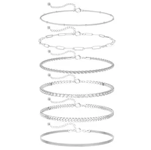 Tewiky 14K Gold/Silver Plated Silver Six-Layer Anklet with Satellite Chain Paperclip Rope Twist Zircon Cuban Snake Chains High-Quality Everyday Beach Fashion Gift for Valentine's Day