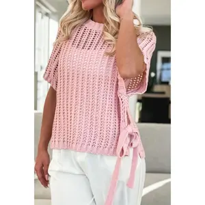 Hollow-out Crochet Side Tied Short Sleeve Knit Cover Up