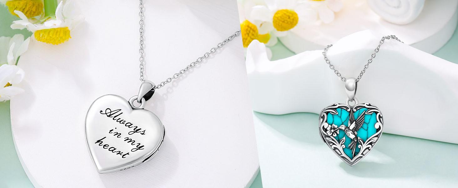Hummingbird Locket Necklace That Holds 1 Picture 925 Sterling Silver Turquoise Heart Locket Pendant Personalized Photo Animal Jewelry Gifts for Women Grandma